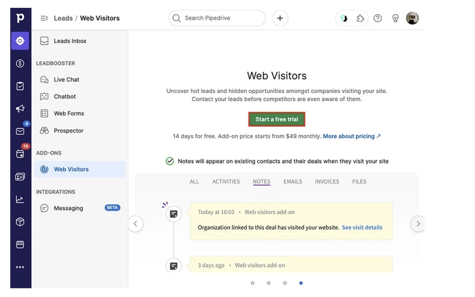 Web visitors add-on in Pipedrive