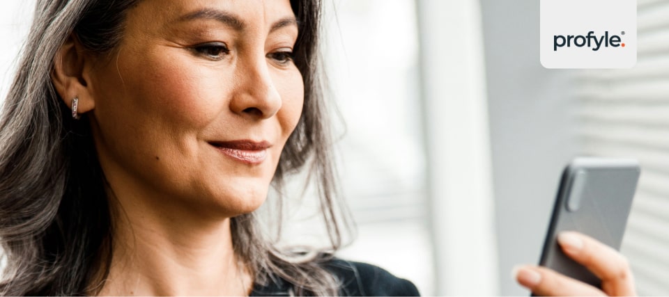A businesswoman looking at a digital business card