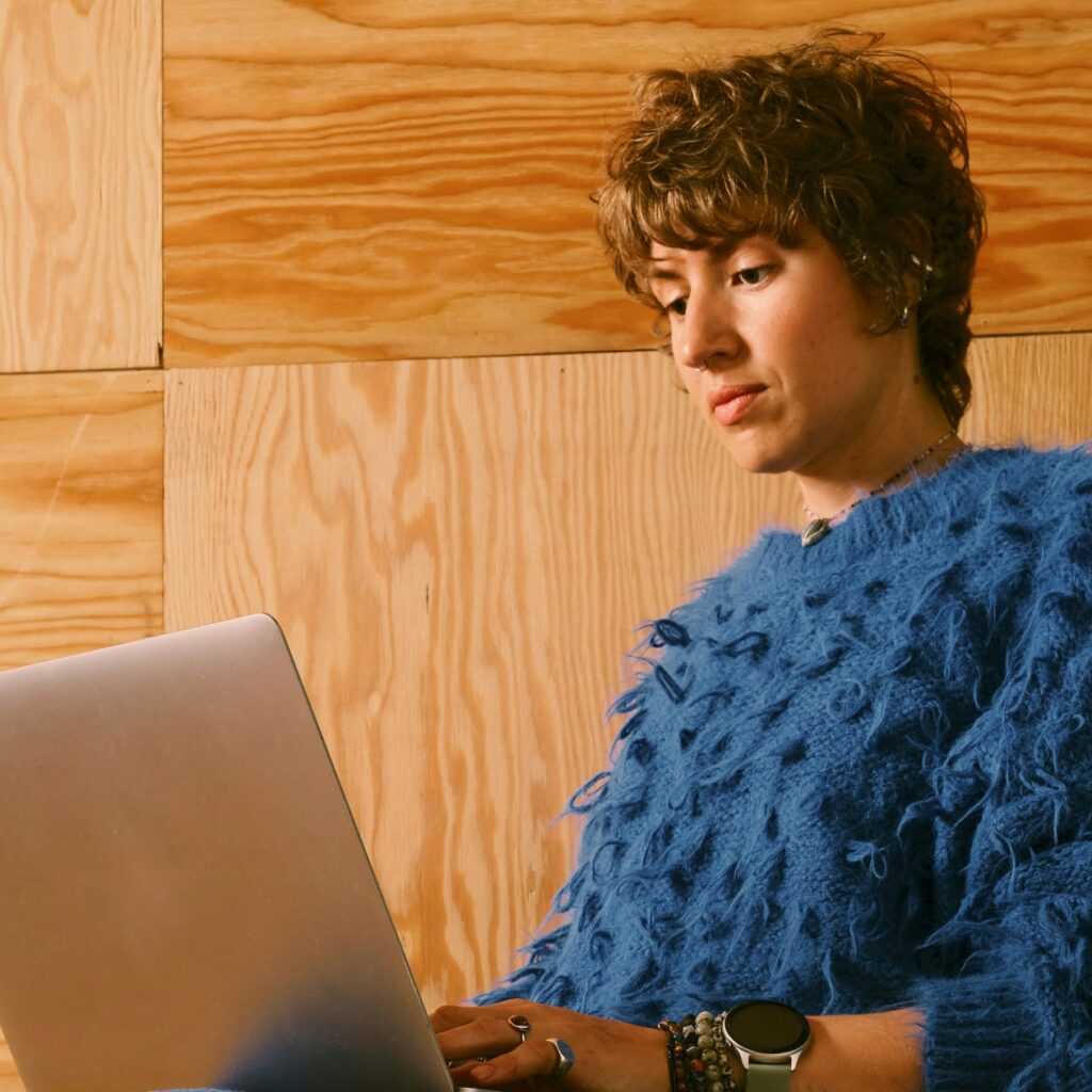 a businesswoman using a digital business card platform