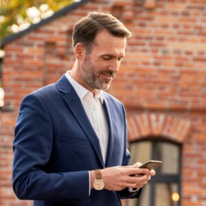 A business man using a digital business card platform